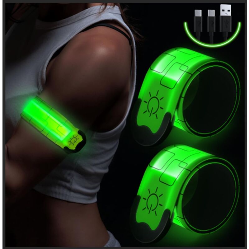 foto del prodotto 2 pezzi fascia da braccio led ricaricabile tramite usb, fascia da braccio led riflettente per la corsa, fascia lampeggiante regolabile braccialetto