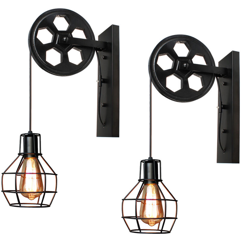 foto del prodotto 2 pezzi ferro lampada a muro puleggia e27 lampada loft stile industriale luce a muro per corridoio scale entrata soggiorno nero