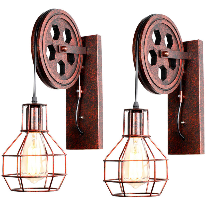 foto del prodotto 2 pezzi ferro lampada a muro puleggia e27 lampada loft stile industriale luce a muro per corridoio scale entrata soggiorno ruggine rossa
