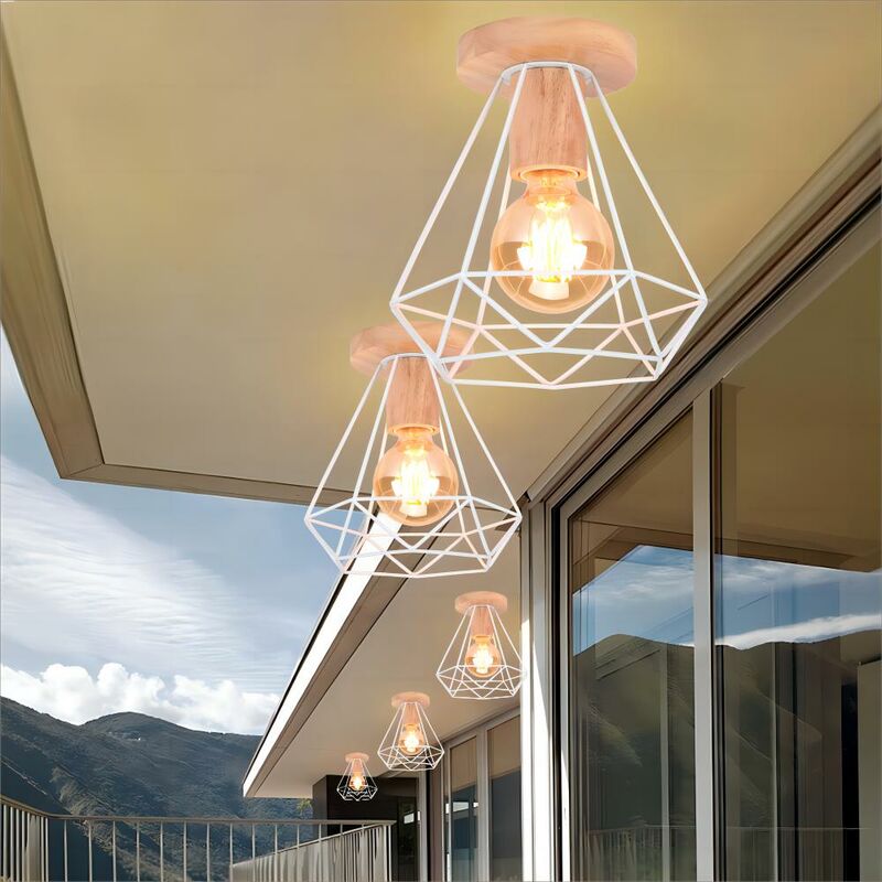 foto del prodotto 2 pezzi industriale diamante lampada da soffitto gabbia diamante in metallo e legno e27 40w per corridoio scala camera da letto bianco