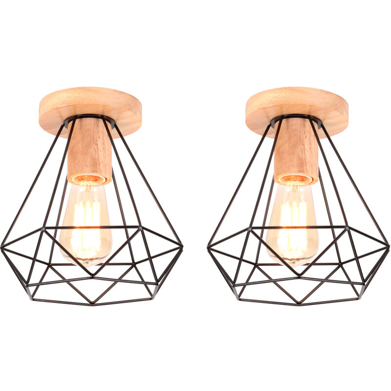 foto del prodotto 2 pezzi industriale diamante lampada da soffitto gabbia diamante in metallo e legno e27 40w per corridoio scala camera da letto nero