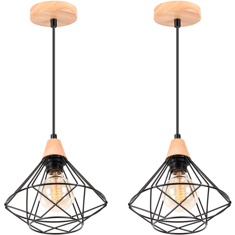 foto del prodotto 2 pezzi industriale lampadario forma di diamante in metallo e legno e27 lampada da soffitto per camera da letto soggiorno sala da pranzo nero