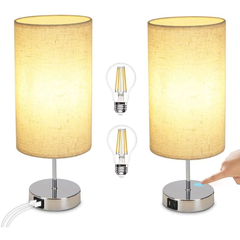 foto del prodotto 2 pezzi lampada da comodino touch dimmerabile e27 lampada da tavolo funzione di ricarica usb soggiorno cromato con paralume in tessuto per camera da