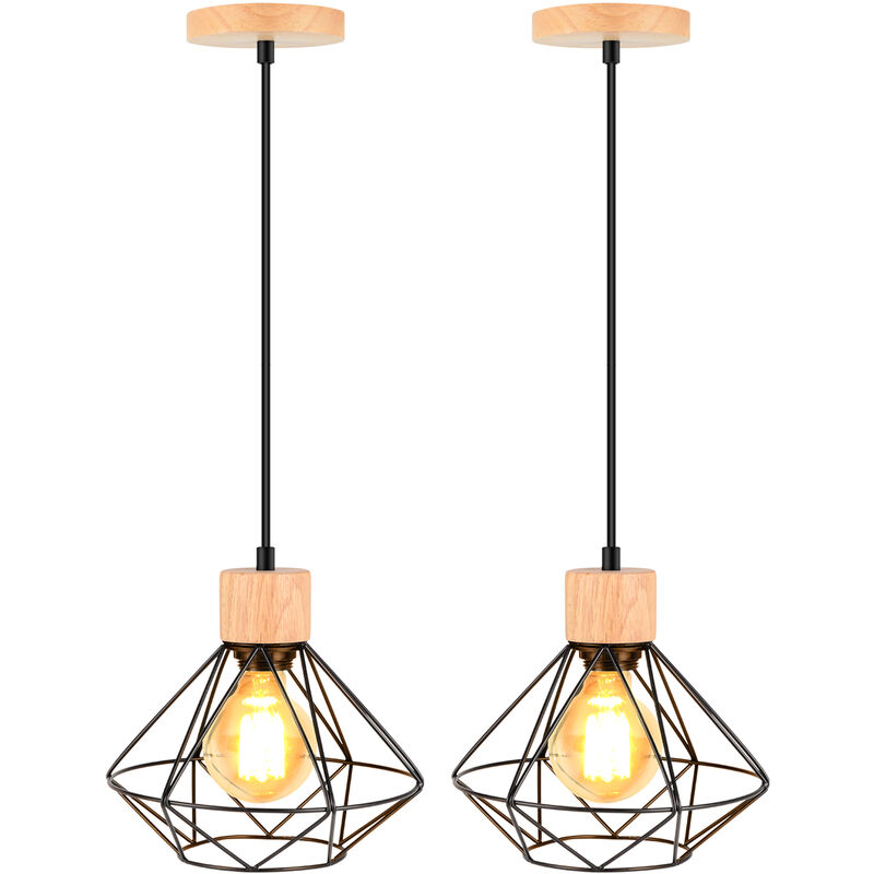 foto del prodotto 2 pezzi lampada da soffitto industriale vintage, lampadario in metallo e legno, gabbia diamante e27 per soggiorno camera da letto nero