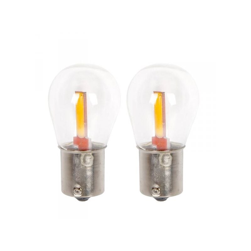 foto del prodotto 2 pezzi lampade led ba15s s25 p21w 2 cob 12v 24v 300lm 1.7w luce gialla ambra piedi dritti h50mm