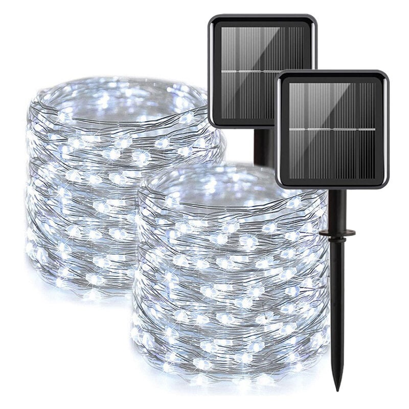 foto del prodotto 2 pezzi luci a catena solare per esterni, 100 pezzi luci a catena solare a led impermeabili 12m 8 modelli lucine in filo di rame per giardino patio