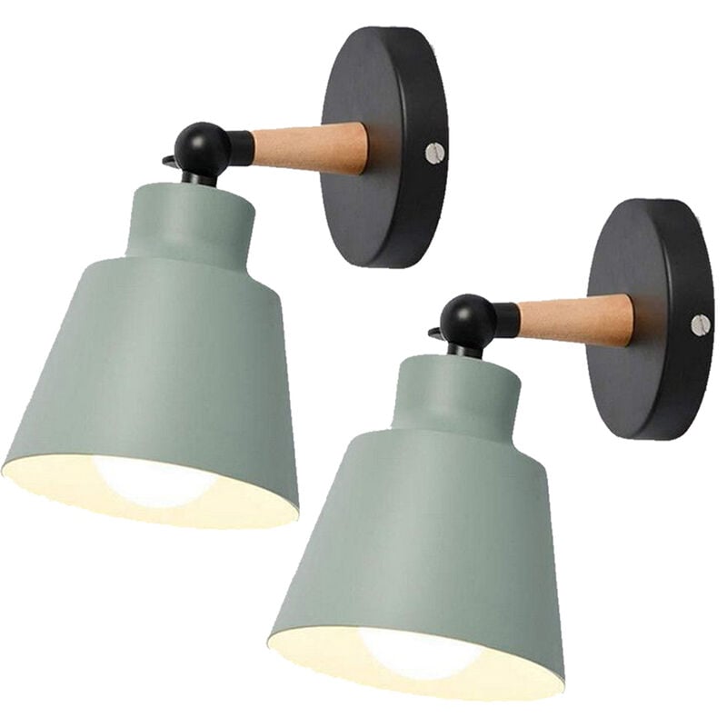 foto del prodotto 2 pezzi moderno lampada da parete per interni, paralume del cappello fatto di metallo e legno e27, applique da parete progetta macaron verde