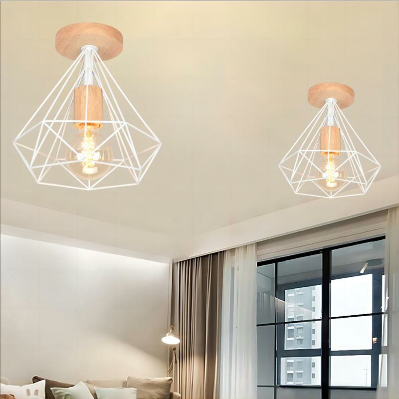 foto del prodotto 2 pezzi moderno lampada da soffitto industriale e27 25cm lampada forma di diamante in metallo e legno per corridoio scale soggiorno bianco