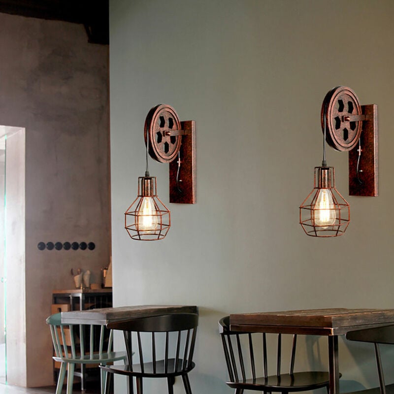 foto del prodotto 2 pezzi retr luce a muro interno industriale e27 lampada a muro puleggia design per ristorante caffetteria ruggine rossa