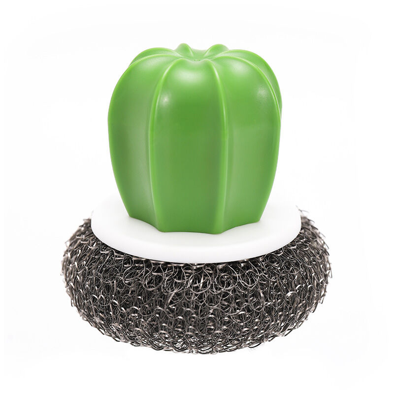 foto del prodotto 2 pezzi spazzole da cucina creative a forma di cactus, spazzola per lavare i piatti in spugna con manico in plastica, spazzola in acciaio inox