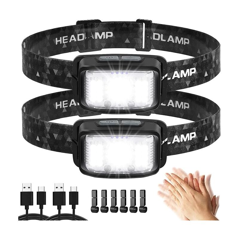 foto del prodotto 2 pezzi super led lampada frontale ricaricabile tramite usb, 2000 lumen lampada frontale con sensore di movimento, 16 modalit di illuminazione,