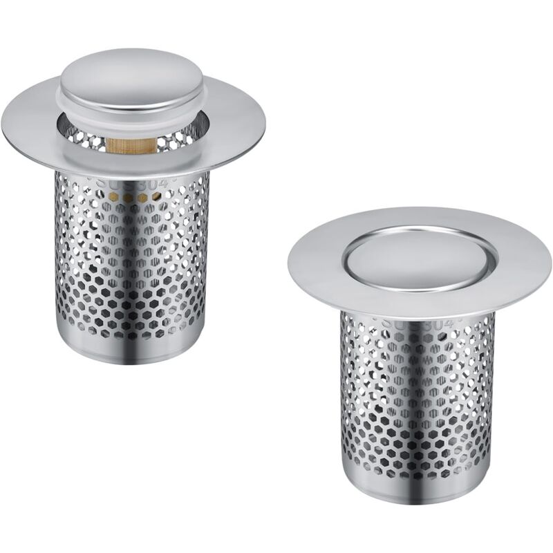 foto del prodotto 2 pezzi tappo lavandino bagno, filtro capelli doccia acciaio inossidabile, pop up con filtro anti clogging per vasca da bagno, cucina, lavabo
