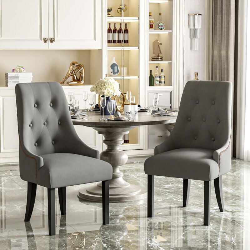 foto del prodotto 2 sedie da pranzo eleganti retrò con pomelli rotondi e rivetti, tessuto in velluto e gambe in legno della gomma grigio