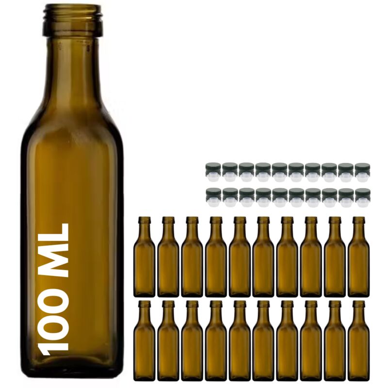 foto del prodotto 20 bottiglie marasca in vetro scuro uvag, bottiglia per campioncini di olio e liquori da 100 ml con tappo dosatore acquaverde