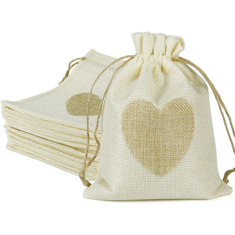 foto del prodotto 20 pieces burlap bags, 5x7 inch drawstring gift bags with heart jute bags hessian jewelry candy pouches for wedding, baby shower and diy christmas