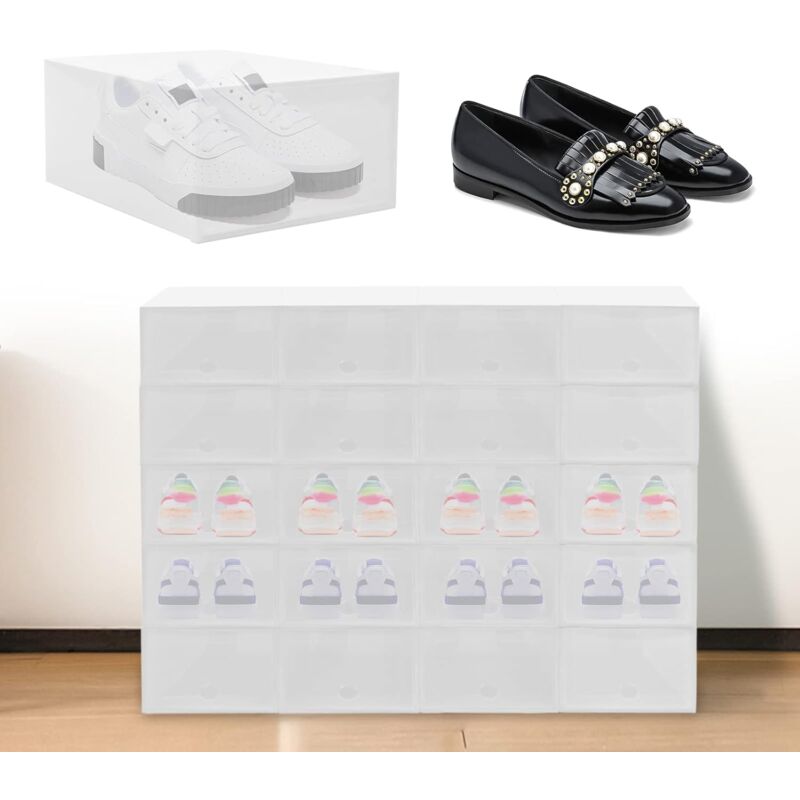 foto del prodotto 20 scatole per scarpe, portascarpe in plastica, impilabili, trasparenti, pieghevoli e impilabili, colore bianco trasparente