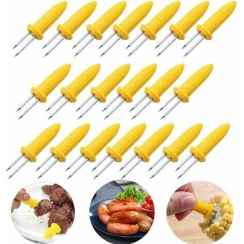 foto del prodotto 20 spiedini di mais, spiedini di mais bbq a forma di pannocchia in acciaio inossidabile con base in silicone, spiedini di mais bbq, forchette da