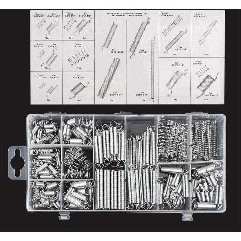 foto del prodotto 200 pezzi assortimento di molle molle di tensione varie piccole molle di estensione e compressione con scatola di immagazzinaggio