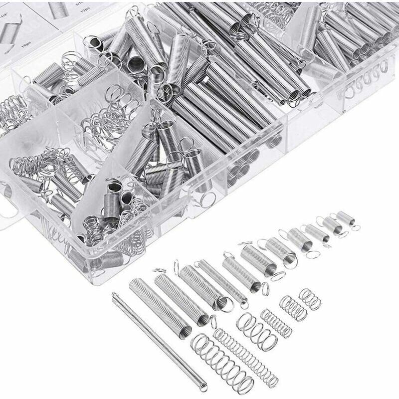 foto del prodotto 200 pezzi assortimento di molle molle di trazione varie piccole molle di estensione e compressione con scatola di stoccaggio