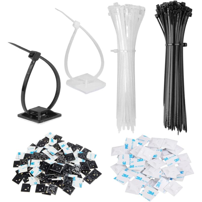 foto del prodotto 200 pezzi fermacavi, fascette adesive in plastica, base adesiva, per la gestione dei cavi a casa e in ufficio nero, bianco 