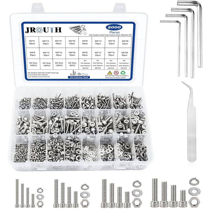 foto del prodotto 2000 pezzi m2 m3 m4 m5 viti a testa esagonale, viti a testa esagonale metriche in acciaio inossidabile 304 bulloni dadi rondelle set combinato con