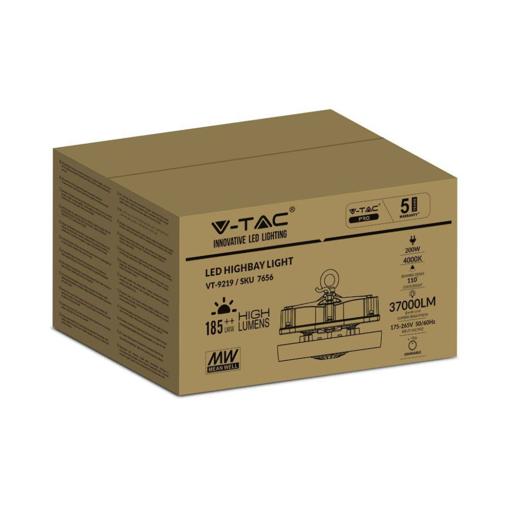 foto del prodotto 200w led highbay con driver meanwell 6500k dimmable (200lm/watt), garanzia di 5 anni