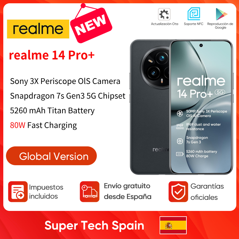 foto del prodotto 2025 realme 14 pro smartphone 5g snapdragon 7s gen 3 6.83'' 120hz schermo oled 5260mah realme 14 pro plus nfc versione globale