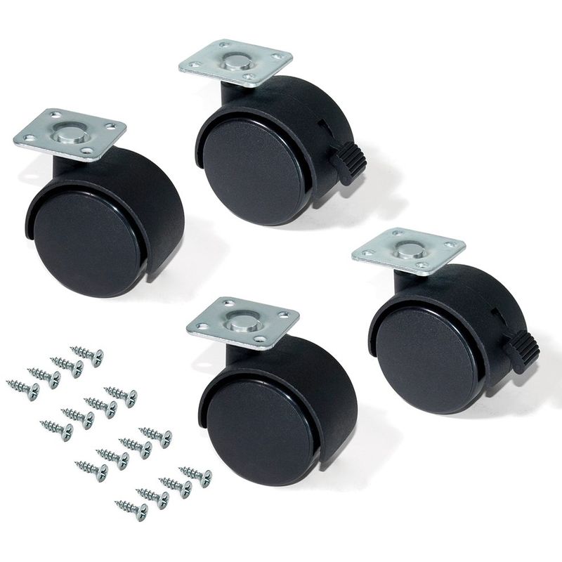 foto del prodotto 2036617 set di 4 rotelle pivotanti nere per mobile con piastra di assemblaggio e cuscinetto a sfere, diametro 50 mm, nero, 50mm emuca