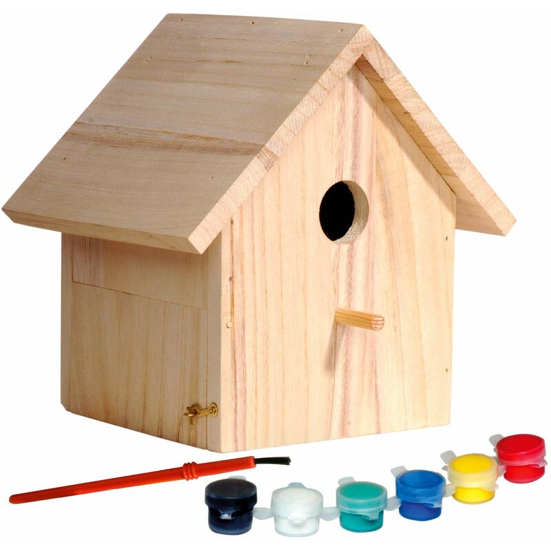 foto del prodotto 22368fsc casetta per uccelli decorativa in legno di abete, certificata fsc, per bambini, da costruire e dipingere da soli con pennello, spugna e