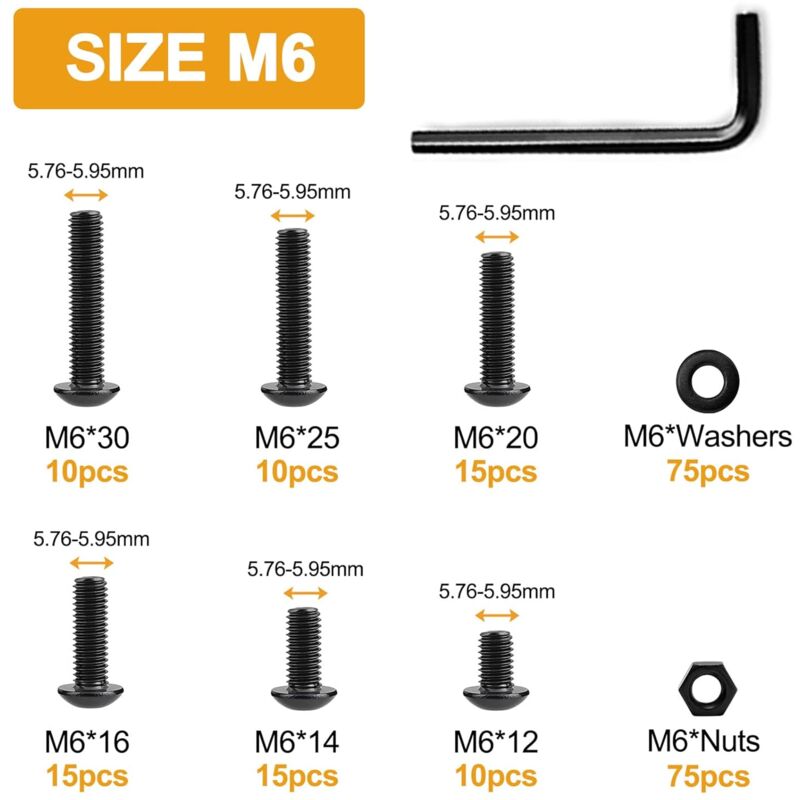 foto del prodotto 225 viti a testa bombata esagonale m6 x 12 14 16 20 25 30mm, dadi, rondelle, kit combinato, acciaio legato grado 10.9, ossido nero, completamente