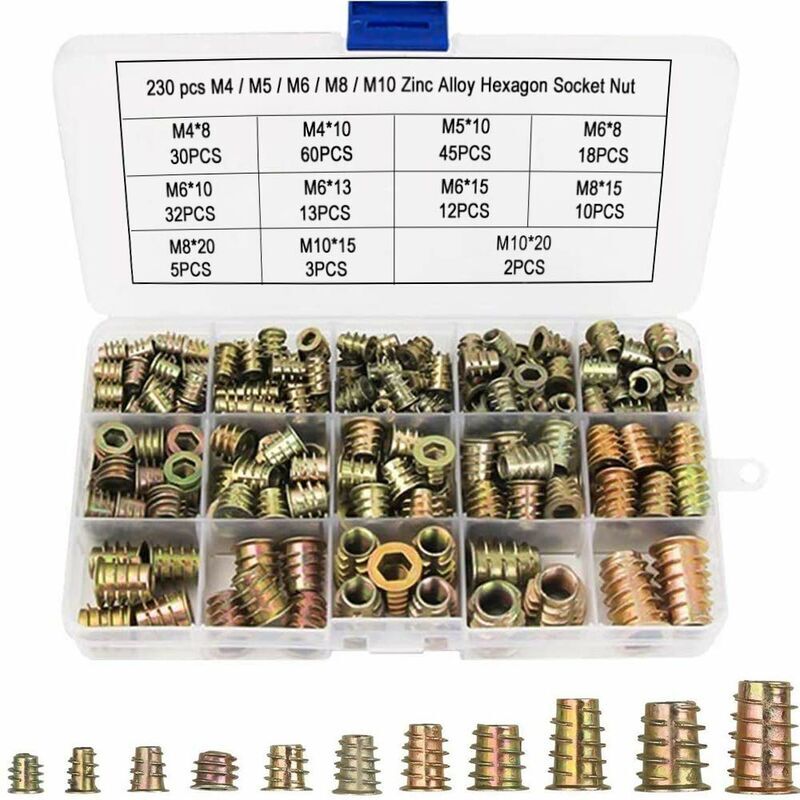 foto del prodotto 230 pezzi dadi esagonali m4 m5 m6 m8 m10 con inserti filettati, inserti esagonali in lega di zinco per dadi per mobili in legno kit di utensili dpzo
