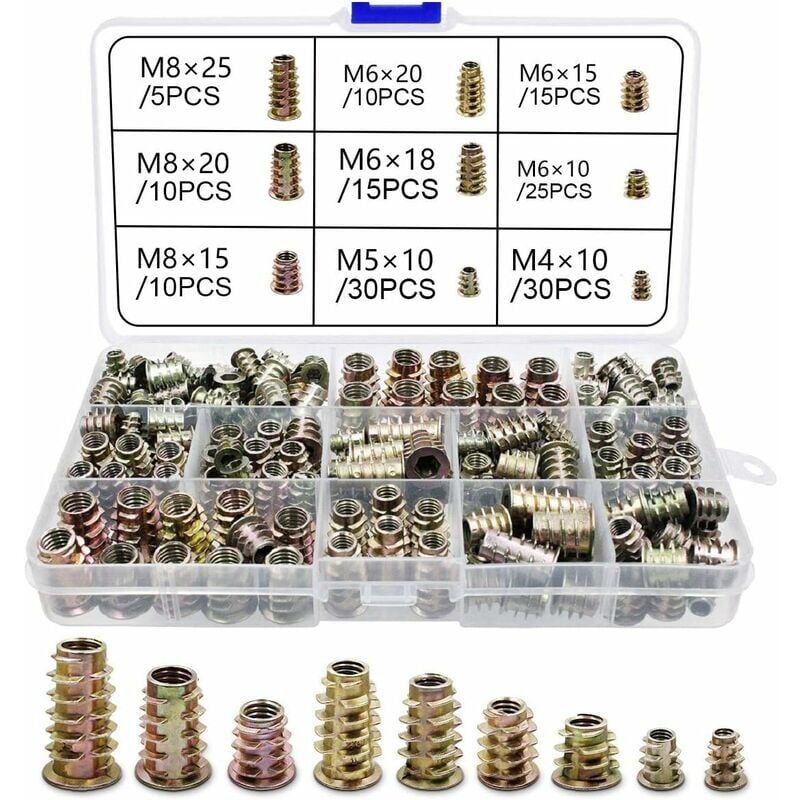 foto del prodotto 230 pezzi in lega di zinco inserti filettati esagonali dadi inserti filettati inserti dadi filettatura esterna m4 m5 m6 m8 per mobili in legno kit di