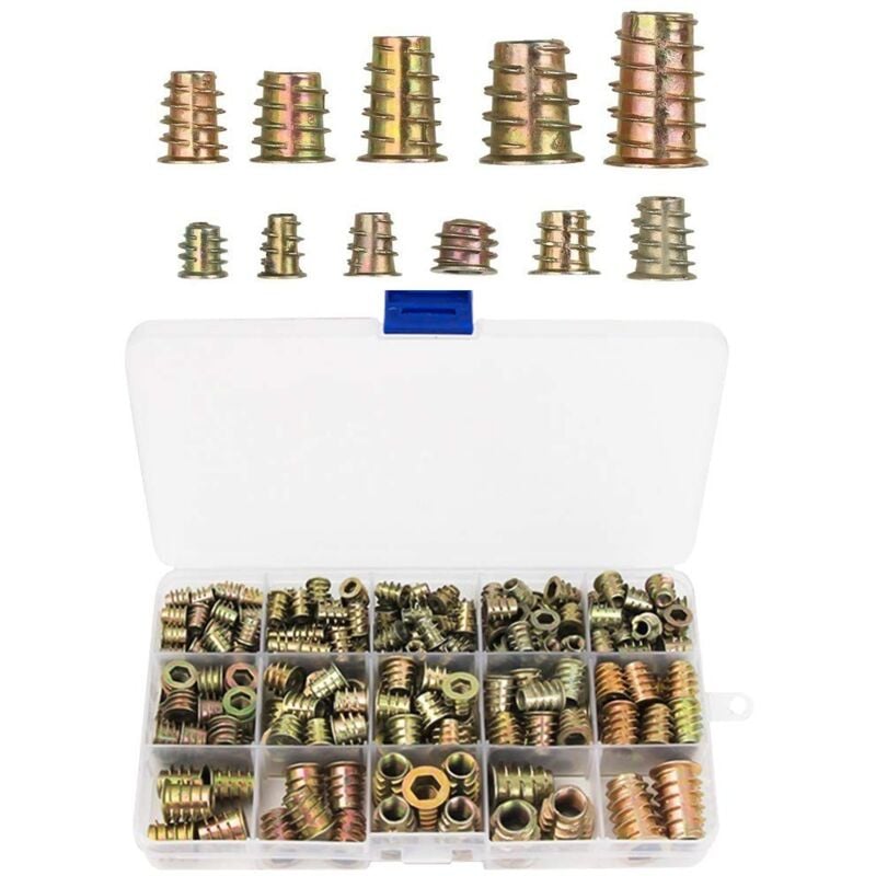 foto del prodotto 230 pezzi inserti filettati in lega di zinco dadi m4 m5 m6 m8 m10 per mobili in legno