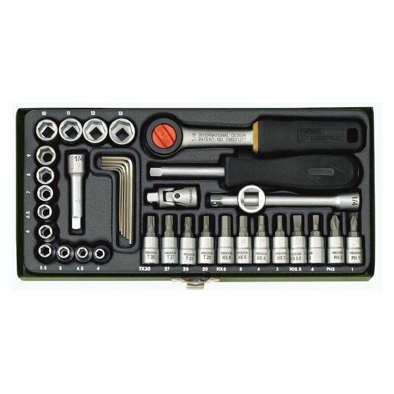 foto del prodotto 23080 kit 36 chiavi a bussola e inserti acciaio cromo vanadio con cricco da 1 4' per meccanica di precisione - proxxon