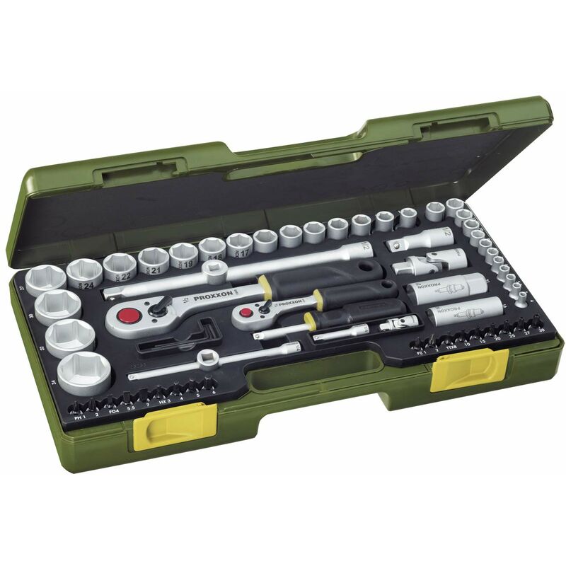 foto del prodotto 23286 serie completa con leva a cricco da 1 4 e da 1 2 , 65 pezzi, 0 v, nero, set di 65 proxxon