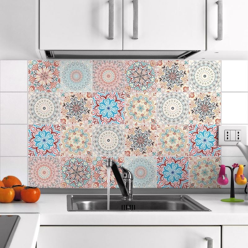 foto del prodotto 24 adesivi adesivi piastrellati adesivo adesivo piastrelle piastrella a mosaico bagno e cucina piastrella adesiva mandala 10 x 10 cm 24 pezzi