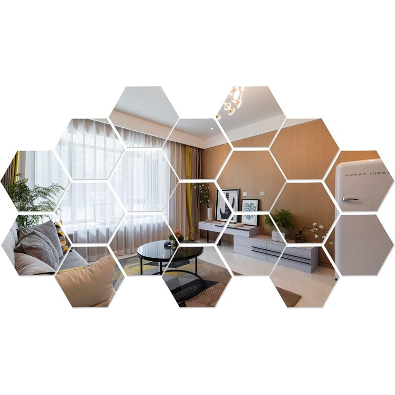 foto del prodotto 24 adesivi da parete con specchio acrilico esagonale, decorazione per soggiorno, camera da letto, modello combinato fai da te sollbry