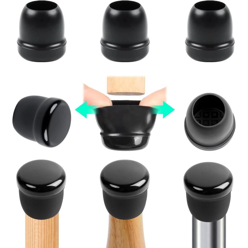 foto del prodotto 24 pezzi proteggi gambe per mobili, protettore del pavimento in silicone nero, gomma tappi per gambe per sedie diametro 19 a 25mm
