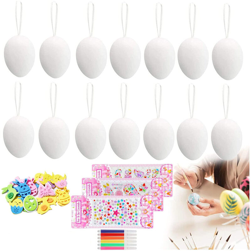 foto del prodotto 24 uova di pasqua bianche da colorare decorazioni pasquali adesivi brillantini