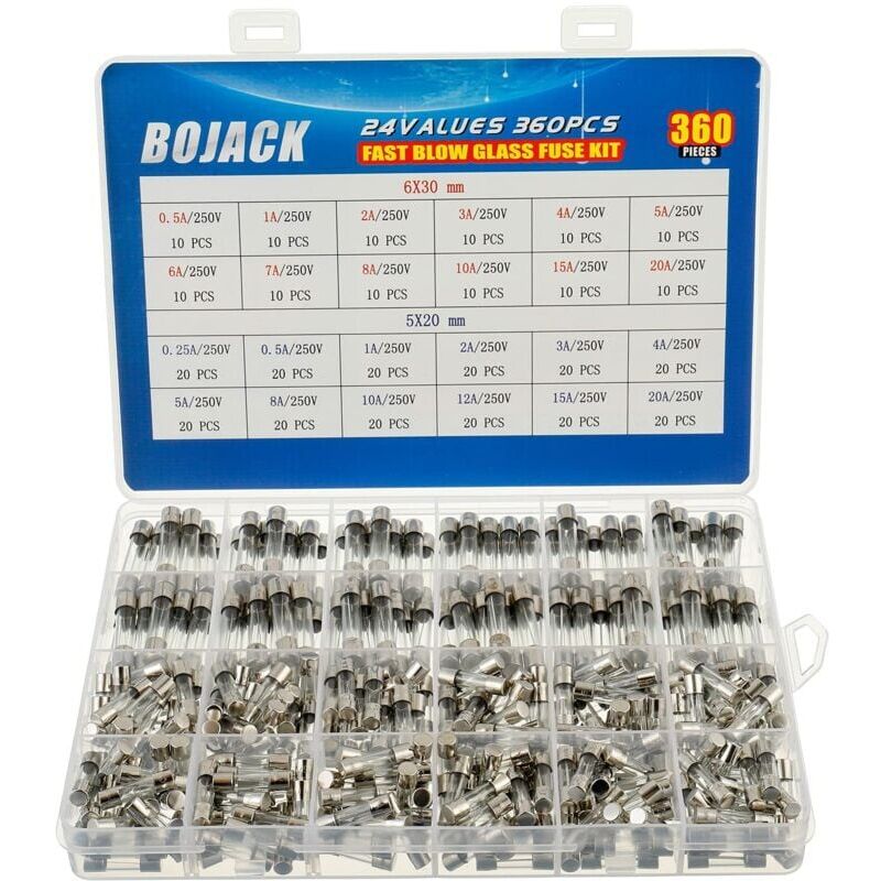 foto del prodotto 24 valeurs 360 pi ces kit d assortiment de fusibles en verre fusion rapide 250v 5x20mm 6x30mm 0,25 0,5 1 2 3 4 5 6 7 8 10 12 15 20a emballage dans