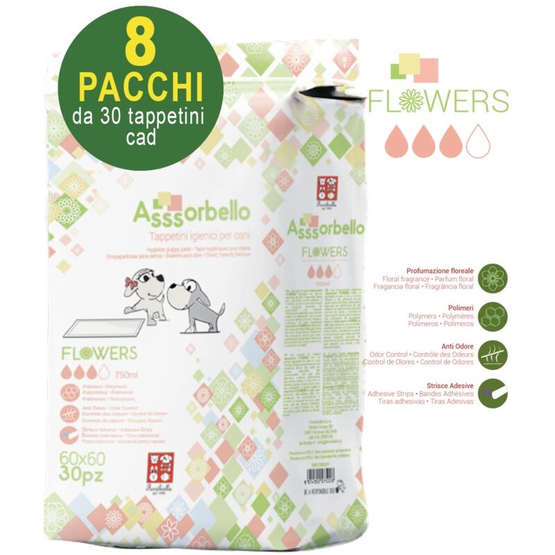 foto del prodotto 240 tappetini igienici asssorbello flower 60x60 cm per cani 8 pacchi da 30 pezzi cad.