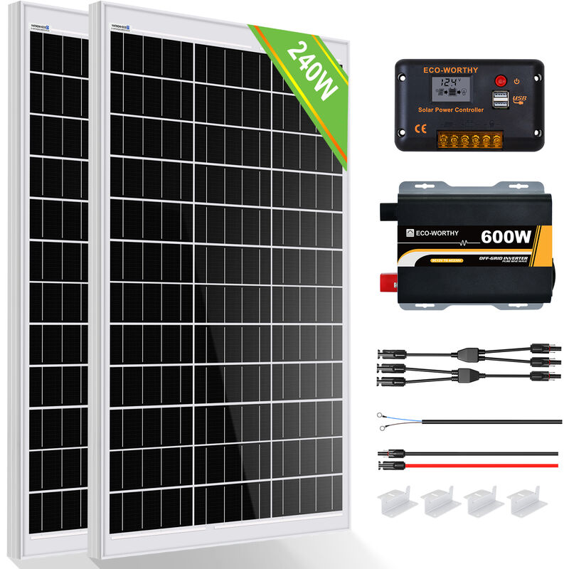 foto del prodotto 240w 12v sistema pannelli solari 1kwh day off grid kit per casa camper capannone alimentazione 2 pezzi 120w pannelli solari 30a regolatore 600w
