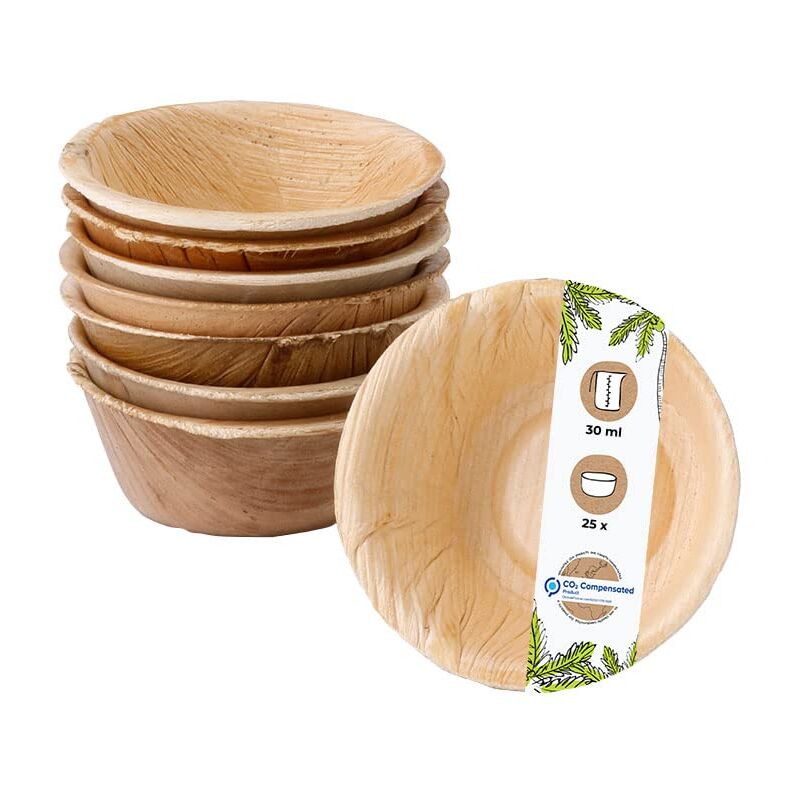 foto del prodotto 25 ciotole sostenibili in foglia di palma, 30 ml, rotonde, biodegradabili, compostabili, stoviglie usa e getta per catering, cibo, eventi, stoviglie