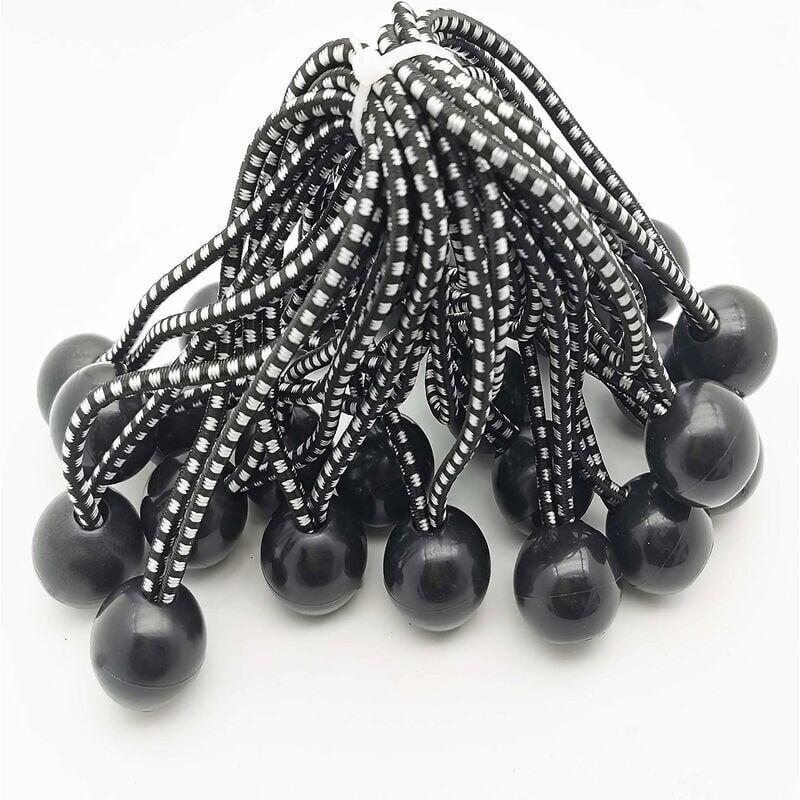 foto del prodotto 25 corde elastiche in gomma professionali con sfera nere 145 mm per tende, teloni, poster. tenditore per teloni, cinghia elastica, supporto per