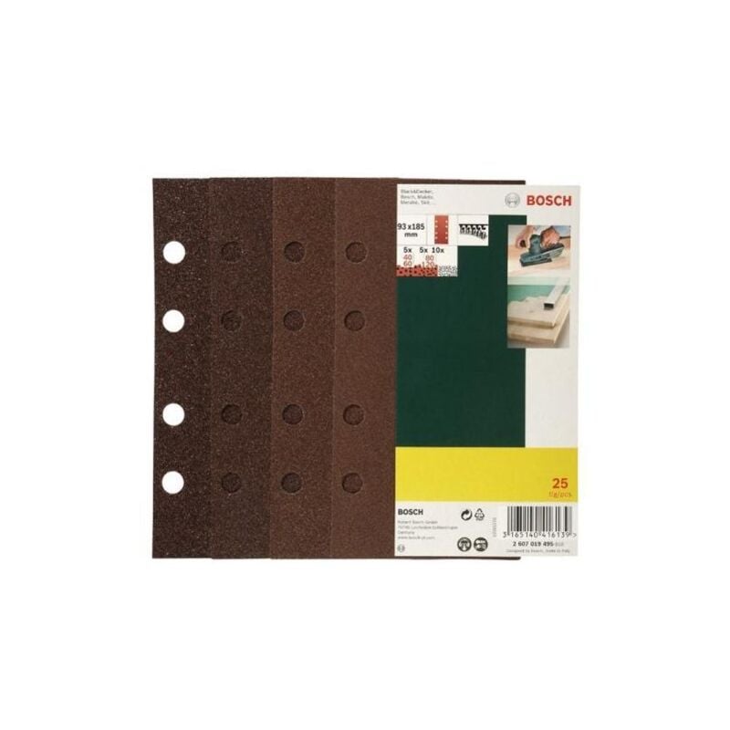 foto del prodotto 25 fogli abrasivi per levigatrice 8 fori 93x185mm grana 40 60 80 120 bosch