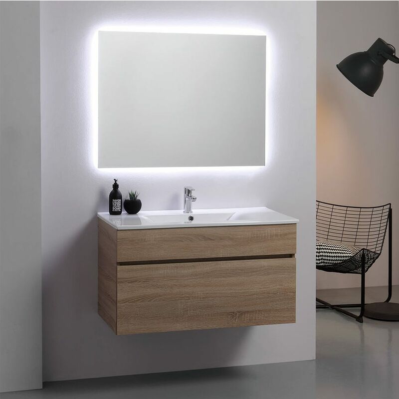 foto del prodotto kiamami valentina mobile bagno sospeso moderno 90cm quercia naturale con specchio sole