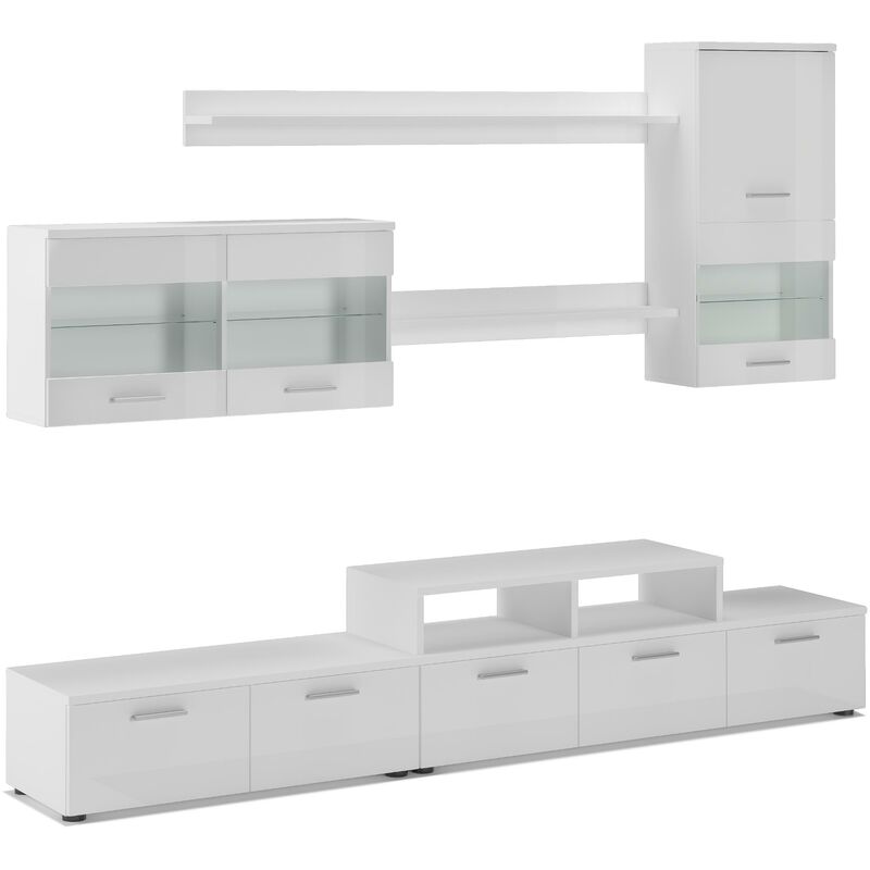 foto del prodotto skraut home mobili tv parete da soggiorno e pranzo contemporaneo con illuminazione a led , bianco mate e bianco laccato, dimensioni 250 x 194 x 42