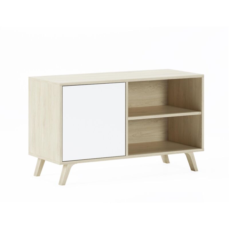 foto del prodotto mobile tv 100 con porta sinistra, soggiorno, modello wind, struttura colore puccini, porta bianca, misure 95x40x57cm altezza. skraut home