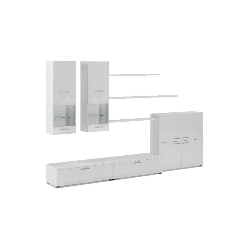 foto del prodotto mobile tv parete da soggiorno e pranzo contemporaneo con illuminazione a led, bianco laccato e bianco mate, 300 x 189 x 42 cm skraut home