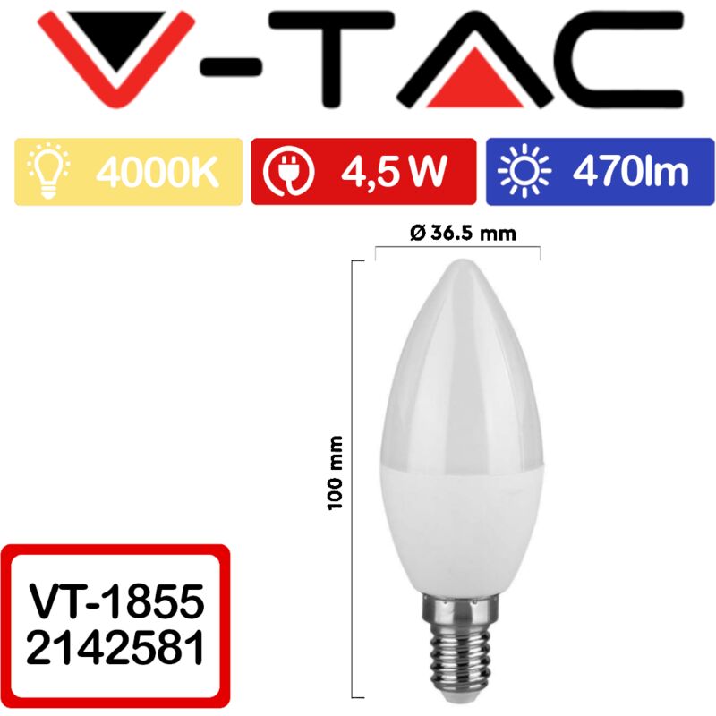 foto del prodotto vt 1855 lampadina led e14 4,5w candela bianco naturale 4000k v tac